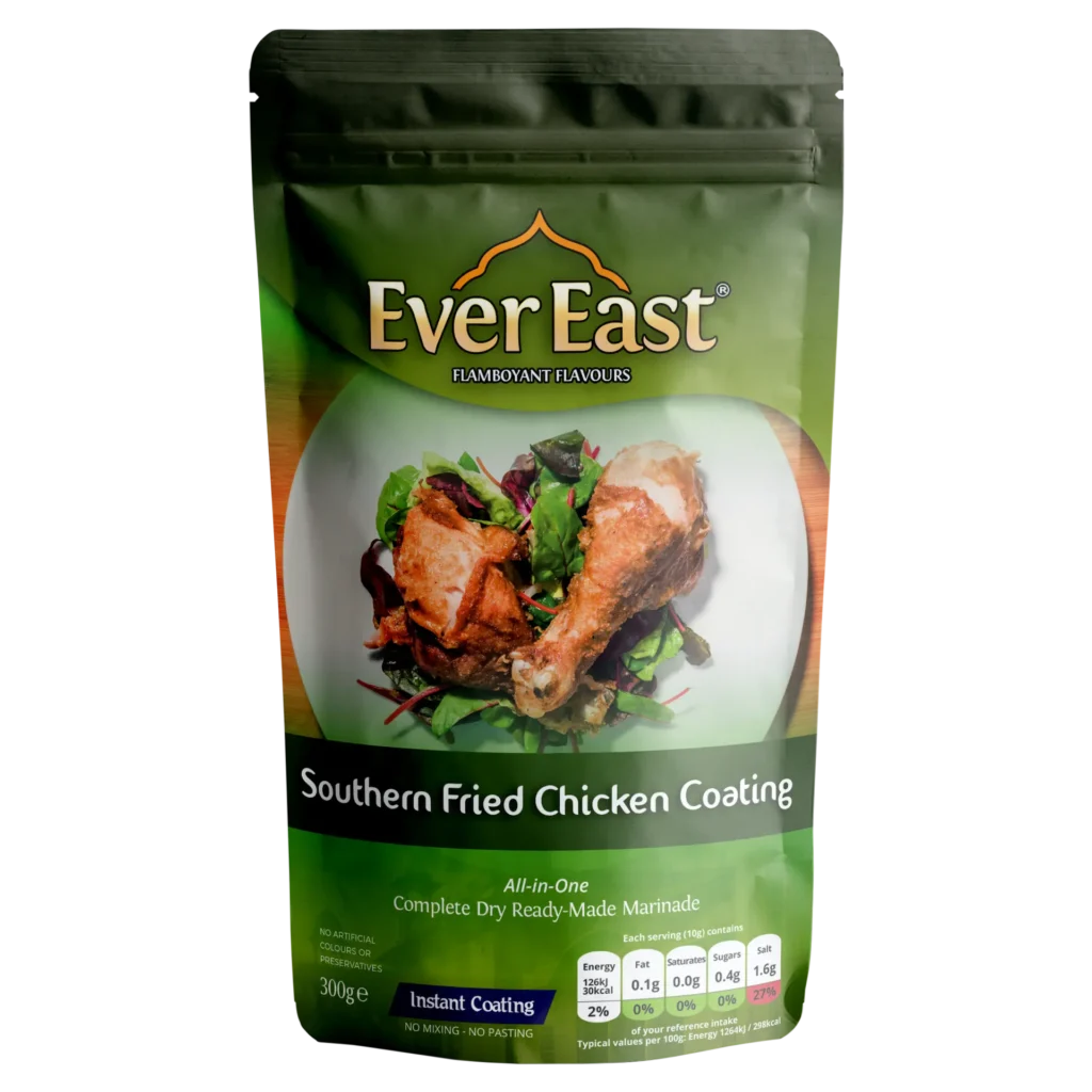EverEast Southern Fried Chicken Coating packet with a plated fried chicken dish